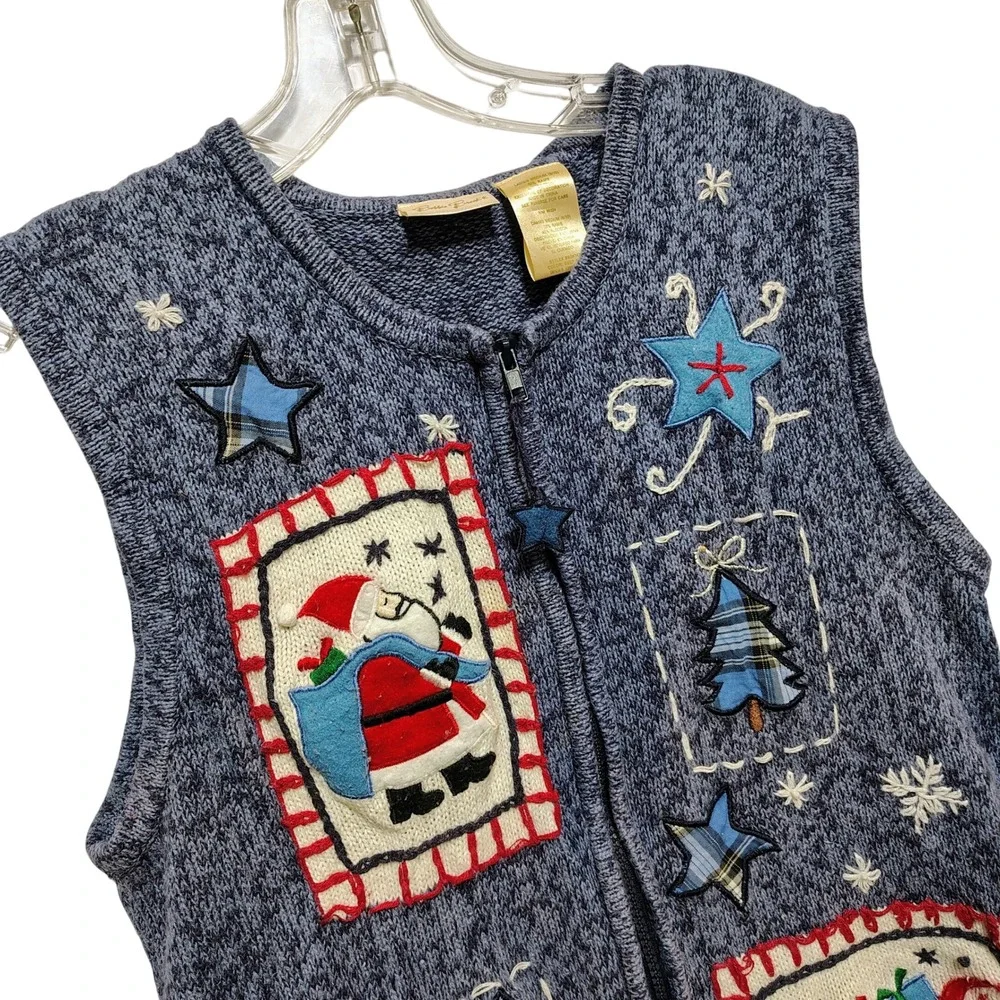Bobbie Brooks Womens Blue‎ Santa Claus Christmas Sweater Vest Medium Zip up